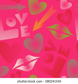 Abstract romantic Vector illustration. Seamless pattern with stylized love elements in pink and yellow colors. Vector hand drawn word love, lips and hearts.