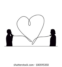 Abstract romantic vector illustration of two people speaking by phone and heart