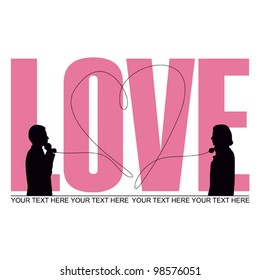 Abstract romantic vector illustration of two people speaking by phone and heart