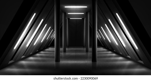 Abstract room, black corridor background, museum space 3d render. Empty art gallery, dark exhibition hall interior with lamps on walls and ceiling, pillars and light reflection on floor Vector mock up