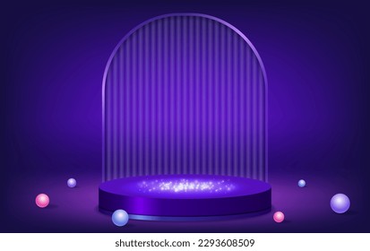 Abstract room with blue pedestal podium, arch shape and balls. Scene for product display mockup presentation
