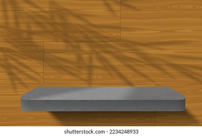 Abstract room light wood wall with realistic concrete podium or product shelf. Vector wooden planks background mockup display. Minimal stage showcase scene. Realistic leaves shadow