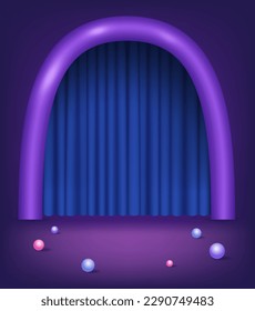 Abstrakter Raum mit violettem Bogen, blauem Vorhang und Bälle. Produktdarstellung scannen