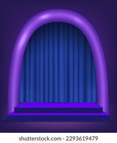 Abstract room with purple arch shape, blue curtain and podium. Scene for product display mockup presentation