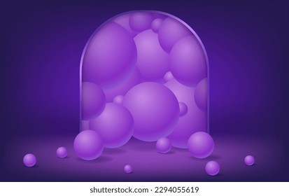 Abstract room with purple arch shape and dense of balls. Scene for product display mockup presentation