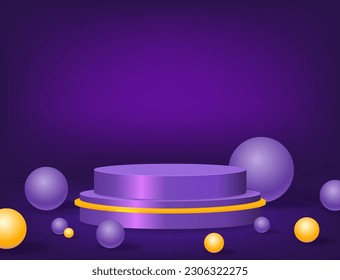 Abstract room with purple, orange pedestal podium and balls. Scene for product display mockup presentation