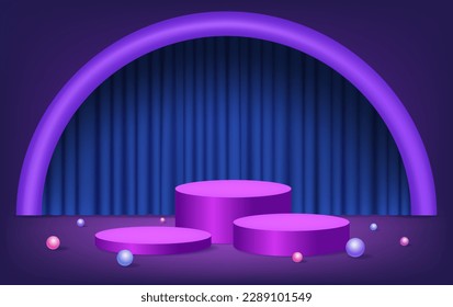 Abstract room with purple pedestal podium, arch curtain and balls. Scene for product display mockup presentation