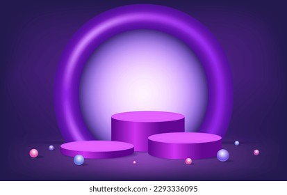 Abstract room with purple pedestal podium, plastic arch shape and balls. Scene for product display mockup presentation