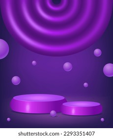 Abstract room with purple pedestal podium, plastic arch shape and floating balls. Scene for product display mockup presentation