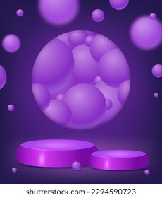 Abstract room with purple pedestal podium and floating balls. Scene for product display mockup presentation