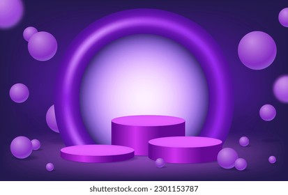 Abstract room with purple pedestal podium, plastic arch shape and floating balls. Scene for product display mockup presentation