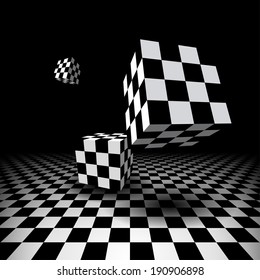 Abstract room with three flying checkered cubes