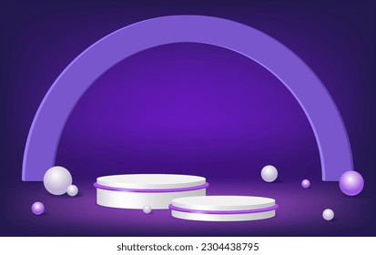 Abstract room with two white pedestal podium, arch shape and balls. Scene for product display mockup presentation