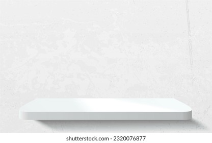 Abstract room white concrete wall with 3D realistic white podium or acrylic product shelf. Vector light plaster wall background mockup display. Minimal stage showcase scene