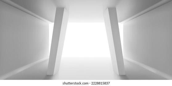Sala abstracta, espacio de pasillo blanco, túnel con vigas en el techo y salida de luz abierta. Diseño de construcción de arquitectura en 3d del museo futurista. Fondo interior de gran galería