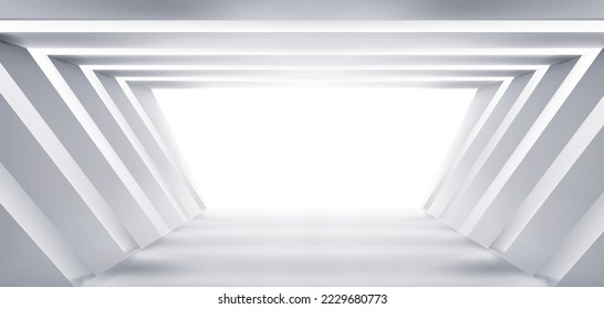 Abstract room, white corridor space of trapezoidal shape. Contemporary construction, 3d render architecture design. Realistic wide light gallery hall interior, tunnel with exit, futuristic background