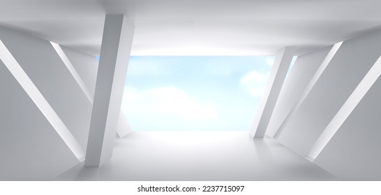 Abstract room, white corridor space with blue sky in open exit. 3d futuristic museum render architecture construction design. Realistic wide light gallery hall interior, tunnel with beams hold ceiling