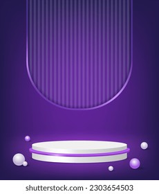 Abstract room with white pedestal podium, arch shape and balls. Scene for product display mockup presentation