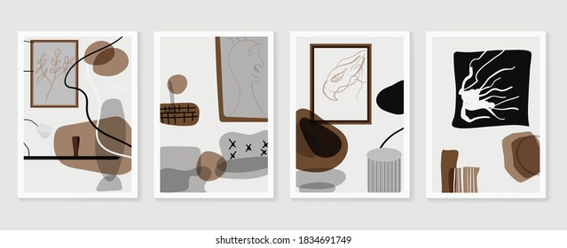 Abstract rooms wall arts vector collection.  Earth tones organic shape Art design for poster, print, cover, wallpaper, Minimal and  natural wall art. Vector illustration.