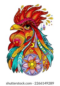 Resumen de la cabeza de pájaro de gallo con elementos de garabato. Ilustración de color vectorial aislada en fondo blanco. Diseño, impresión, decoración, tatuaje, camiseta, rompecabezas, póster, porcelana y emoticones