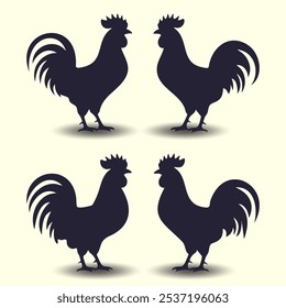 Silueta de Vector de gallo, pollo y gallina Abstractas, Imágenes vectoriales aisladas sobre fondo blanco, ilustración de Vector plano de animales de granja. Es solo aves de corral, pollos de engorde, boceto vintage de animales de granja