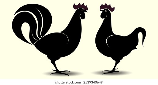 Silueta de Vector de gallo, pollo y gallina Abstractas, Imágenes vectoriales aisladas sobre fondo blanco, ilustración de Vector plano de animales de granja. Es solo aves de corral, pollos de engorde, boceto vintage de animales de granja 