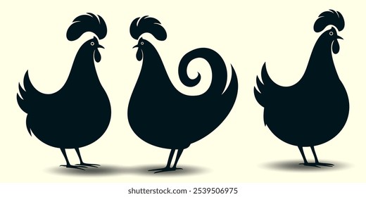 Silueta de Vector de gallo, pollo y gallina Abstractas, aislamiento de Imágenes vectoriales, ilustración de Vector plano de animales de granja. Es solo aves de corral, pollos de engorde, animales de granja Ilustración vectorial de boceto vintage 