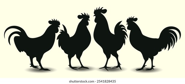 Silueta de Vector de gallo, pollo y gallina Abstractas, aislamiento de Imágenes vectoriales, ilustración de Vector plano de animales de granja. Es solo aves de corral, pollos de engorde, animales de granja Ilustración vectorial de boceto vintage 