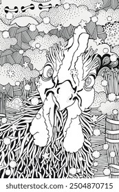 Abstract Rooster Coloring Page – Detailed Line Art, Whimsical Farm Animal, Adult and Children’s Coloring Illustration. Zentangle patterns.