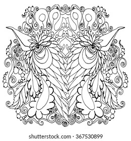 Abstract rooster coloring page outlined in ink and pen, couple mirrored ornate design of farm birds, country style design of chicken head, pullet poultry capon drawing.