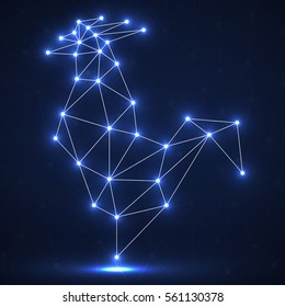 Abstract rooster glowing dots and lines, polygonal style. Symbol of Chinese New Year 2017