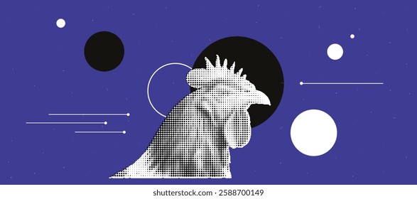 Abstract rooster in halftone style with cosmic elements for artistic design