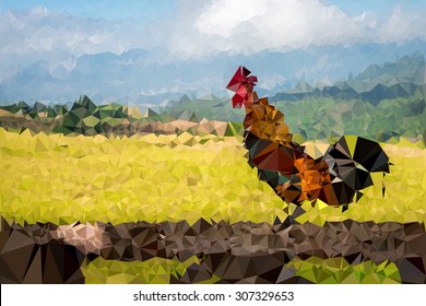 Abstract Rooster on the wooden pole triangular low poly style vector background,Vector illustration