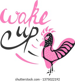 Abstract rooster of the shapes and the words "Wake up" in black and purple colors on a white background. Vector.