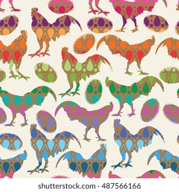 Abstract rooster silhouette logo / label / tattoo. Vector seamless pattern