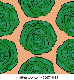 Abstract rose background in green, blue and beige colors. Roses seamless pattern with flowers in Victorian style. Floral illustration. Bouquet of retro plants. Vector vintage design.
