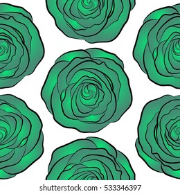 Abstract rose background in green colors. Bouquet of retro plants. Vector vintage design. Roses seamless pattern with flowers in Victorian style. Floral illustration.