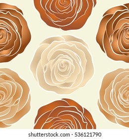 Abstract rose background in orange, brown and beige colors. Roses seamless pattern with flowers in Victorian style. Bouquet of retro plants. Vector vintage design. Floral illustration.