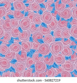 Abstract rose background in pink colors. Roses seamless pattern with flowers in Victorian style. Vector vintage design. Floral illustration. Bouquet of retro plants.