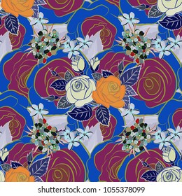 Abstract rose background in purple and blue colors. Roses seamless pattern with flowers in Victorian style. Vector vintage design. Floral illustration. Bouquet of retro plants.