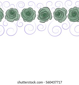 Abstract rose background in violet and green colors. Floral sketch with copy space. Bouquet of retro plants. Horizontal roses seamless pattern with flowers in Victorian style. Vector vintage design.