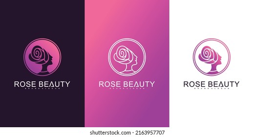 Logo abstracto de belleza rosa con cara combinada de mujer de belleza y Vector rosa Premium