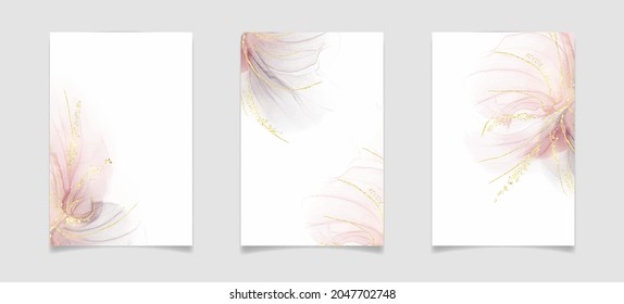 Abstract rose blush and grey liquid watercolor background with golden lines, dots and stains. Pastel marble alcohol ink drawing effect. Vector illustration design template for wedding invitation.