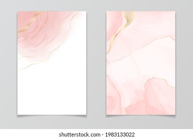 Abstract rose blush liquid watercolor background with golden lines, dots and stains. Pastel marble alcohol ink drawing effect. Vector illustration design template for wedding invitation.