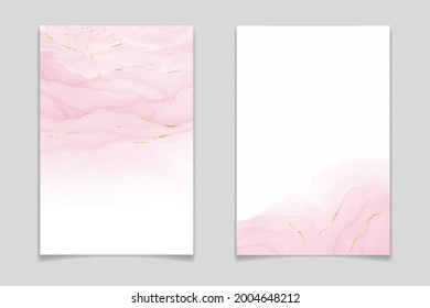 Abstract rose blush liquid watercolor background with golden lines, dots and stains. Pastel marble alcohol ink drawing effect. Vector illustration design template for wedding invitation.