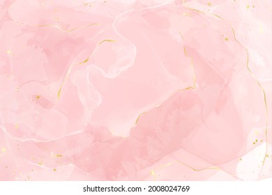 Abstract rose blush liquid watercolor background with golden lines, dots and stains. Pastel marble alcohol ink drawing effect. Vector illustration design template for wedding invitation.