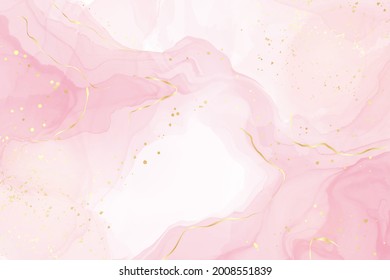 Abstract rose blush liquid watercolor background with golden lines, dots and stains. Pastel marble alcohol ink drawing effect. Vector illustration design template for wedding invitation.