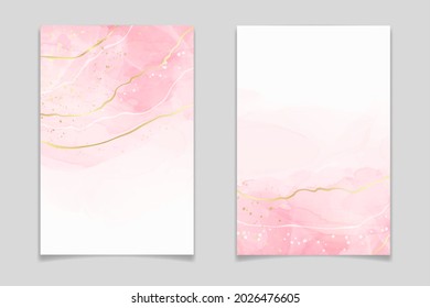 Abstract rose blush liquid watercolor background with golden lines, dots and stains. Pastel marble alcohol ink drawing effect. Vector illustration design template for wedding invitation.