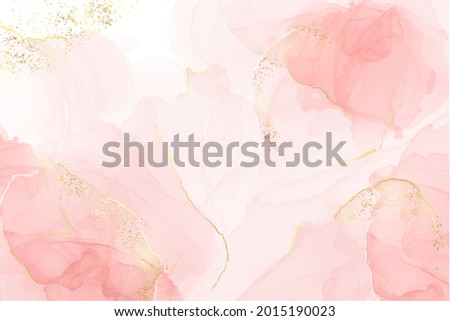 Abstract rose blush liquid watercolor background with golden lines, dots and stains. Pastel marble alcohol ink drawing effect. Vector illustration design template for wedding invitation.