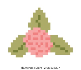 Resumen Brote de rosa con hojas en estilo Pixel art. Ilustración simple de la flor rosa retro.